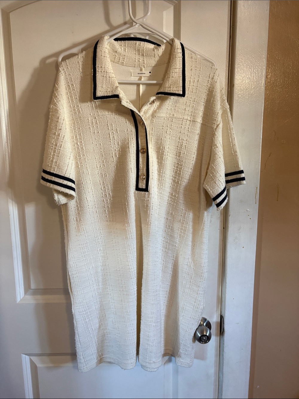 Textured White Polo Dress with Navy Trim